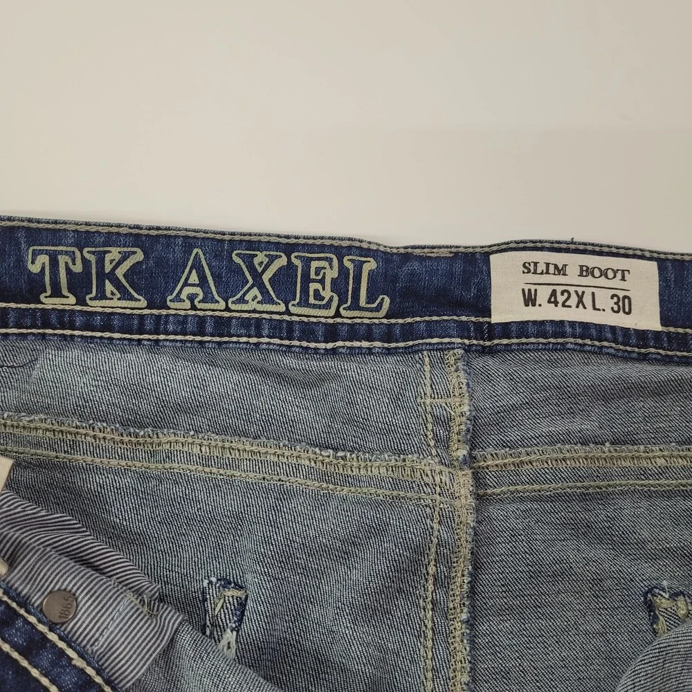 TK‎ Axel Mens Slim Bootcut Jeans 42x30 Eaton Wash Embroidered Pockets AXMB0056